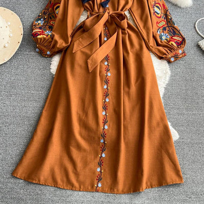 Boho Vintage Spring Autumn Women's Dress Ethnic Style Sundress Long Sleeve Embroidered Cotton Linen Black Beach Dresses платье