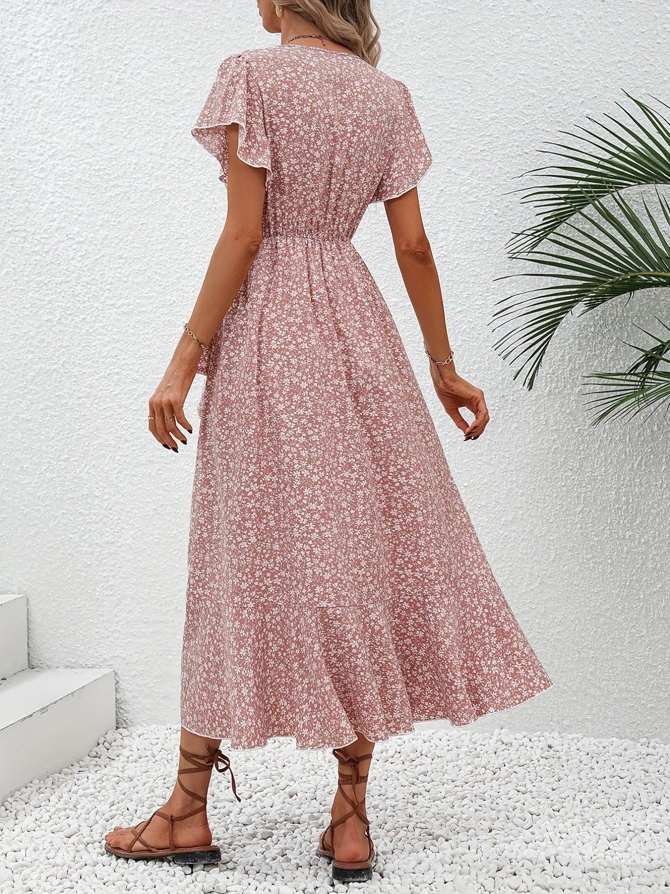 Summer Dresses for Women Sexy V Neck Short Sleeve Irregular High Waist Lace-up Flower Print Dress Casual Beach Dresses