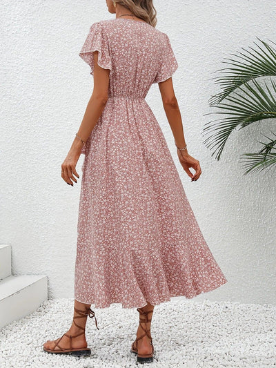 Summer Dresses for Women Sexy V Neck Short Sleeve Irregular High Waist Lace-up Flower Print Dress Casual Beach Dresses