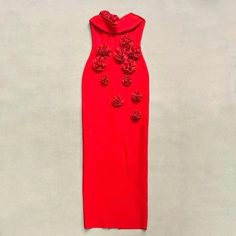 Pink Red Color Women Sexy Strapless Off the Shoulder Florals Bodycon Long Bandage Dress Celebrate Fashion Evening Party Outfit