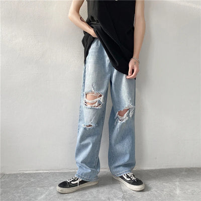 Summer Mens Ripped Jeans Blue Loose Fit Hole Wide-leg Pants Casual Fashion Trousers Streetwear High quality Denim Man Clothing
