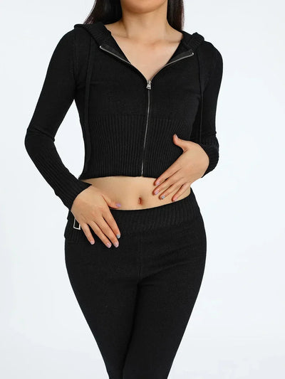 Women Tracksuit  Knit Lounge Set Long Sleeve Zip Up Hoodie with High Waist Wide Leg Pant 2 Piece Sweater Ensemble Casual Set
