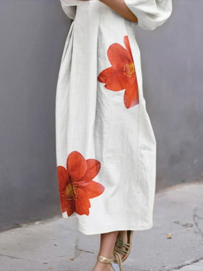 Women's Summer Dresses 2025 Evening Dress Fashion Half Sleeves Loose Flower Print Round-Neck Midi Dresses Female Clothes