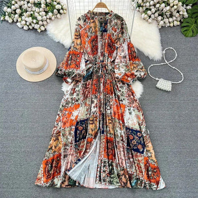 Retro Elegant Sashes O Neck Single Breasted Print Dresses Long Lantern Sleeves A-line Casual High Waist Women Autumn Clothing