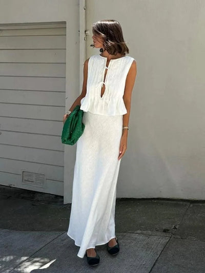 Linen Cotton Pleated Lace-up Elegant White Women Tops Tanks 2025 Summer Women Causal O-neck Sleeveless Ruffles Vest Streetwear