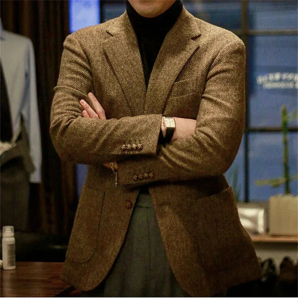 1Pieces Men's  Herringbone Single Breasted Slim Fit Casual Men's Blazers Sets Wool Coat for Men Blazers Luxury Designer Male