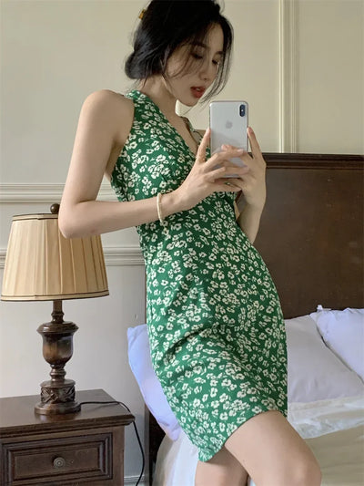 Women Mini Dresses Summer Fashion Female Vestidos Print Floral Chiffon Dresses Shirring Pleated Short Puffy Sleeve Casual Dress