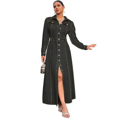Denim Dress Women Long Dresses Spring Turn Down Collar Elegant Work Splice Vestidos Single Breasted A Line Y2k Tops Streetwear