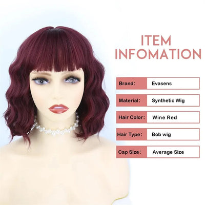 Short Wavy Bob Wigs with Bangs for Women Short Bob Curly Wig Synthetic Hair Wavy Wigs Heat Resistant Fiber Wig