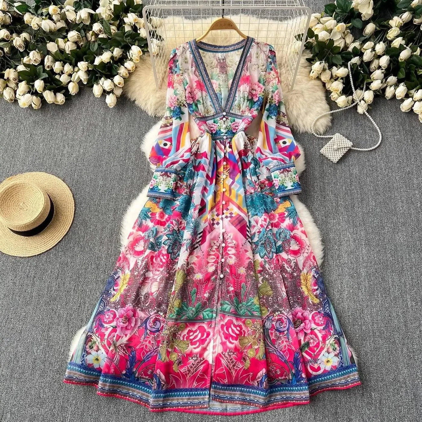 Summer Gorgeous Flower Dress Women Chiffon Clothing Sexy Deep V Neck Single Breasted Floral Print Beach Boho Long Robe Vestidos