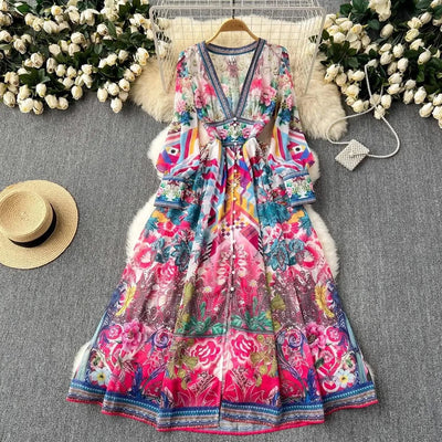 Summer Gorgeous Flower Dress Women Chiffon Clothing Sexy Deep V Neck Single Breasted Floral Print Beach Boho Long Robe Vestidos