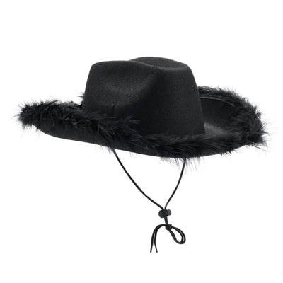 Women's Cowboy Hat, Adult Solid Color Furry Trim Wide Brim Hat Female Cap for Dating Party