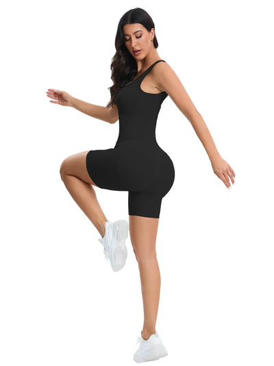 Women Yoga Romper Workout Ribbed Square Neck One Piece Seamless Tank Top Jumpsuit