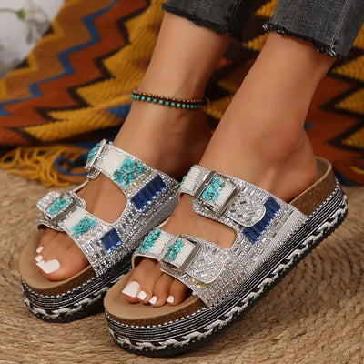 New Women's Rhinestone Thick Sole Twine Double Buckle Sandals, Soft Comfortable Women's Beach Slippers Large size
