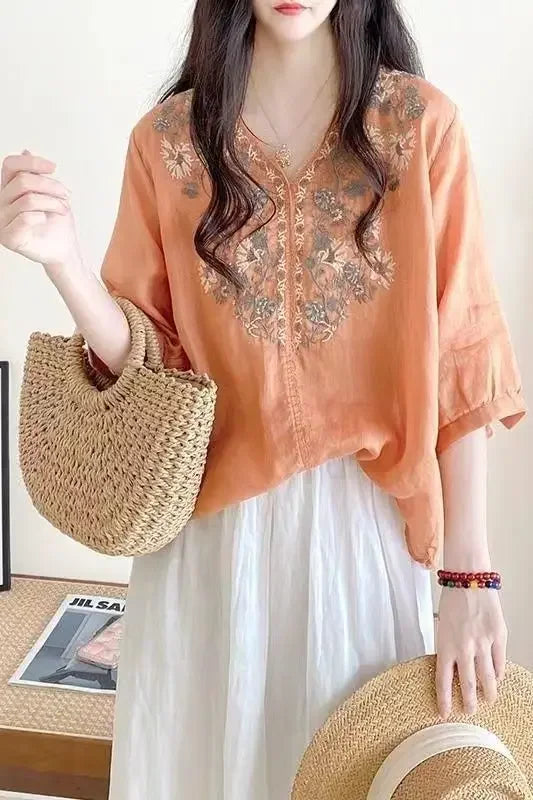 Women's Clothing Linen Blouse White V-Neck Embroidered Shourt Sleeve Loose Fit Artistic Casual Feminine Fashion