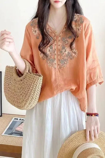 Women's Clothing Linen Blouse White V-Neck Embroidered Shourt Sleeve Loose Fit Artistic Casual Feminine Fashion