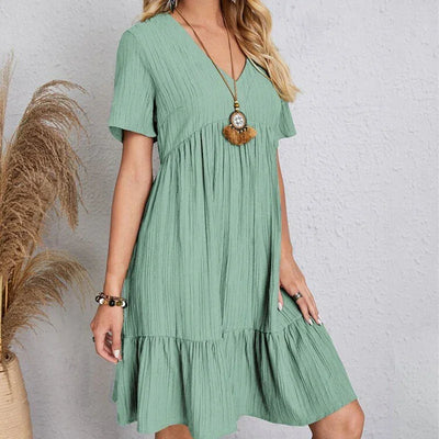 Women Mini Dress Summer Casual Solid V Neck Ruffles A-line Dress Female Fashion Holiday Boho Loose Beach Elegant Dresses Vestido