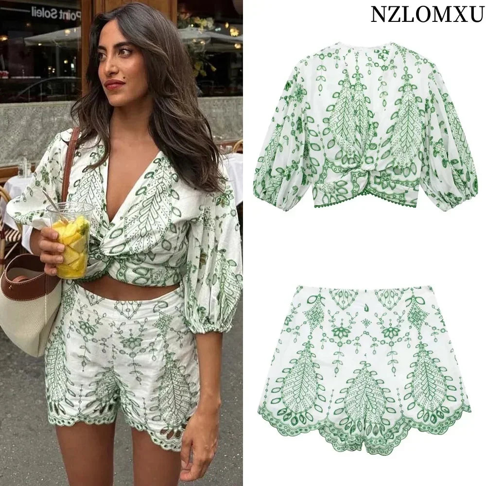 Woman 2 Pieces Shorts Sets 2024 New Fashion Embroidery Short Blouse Summer Women Suit Shorts Two Piece Set Womens Outfits