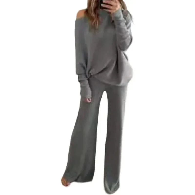 Autumn Winter Fashion 2pcs Suits 2024 Women Outfits Slanted Neck Off Shoulder Top Wide Leg Pants Two-piece Set Women Tracksuits