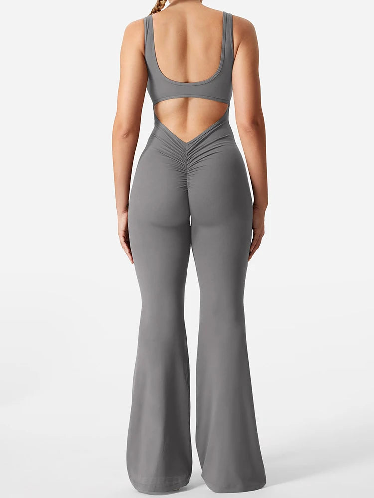 2025 Summer New Women's Sexy Hottie Style Backless One-piece Suit Sports Fitness Yoga Pullover One-piece Suit Flared Pants