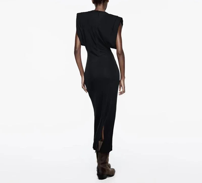 ZBZA Women's Slim Party Dresses Round Neck Sleeveless Shoulder-padded Bodycon High Waist Midi Dress Spring New Female Chic Dress