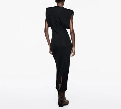 ZBZA Women's Slim Party Dresses Round Neck Sleeveless Shoulder-padded Bodycon High Waist Midi Dress Spring New Female Chic Dress