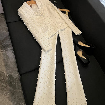 TWOTWINSTYLE Spliced Pearl Solid Two Piece Sets For Women Lapel Long Sleeve Top High Waist Pants Elegant Set Female KSE534390
