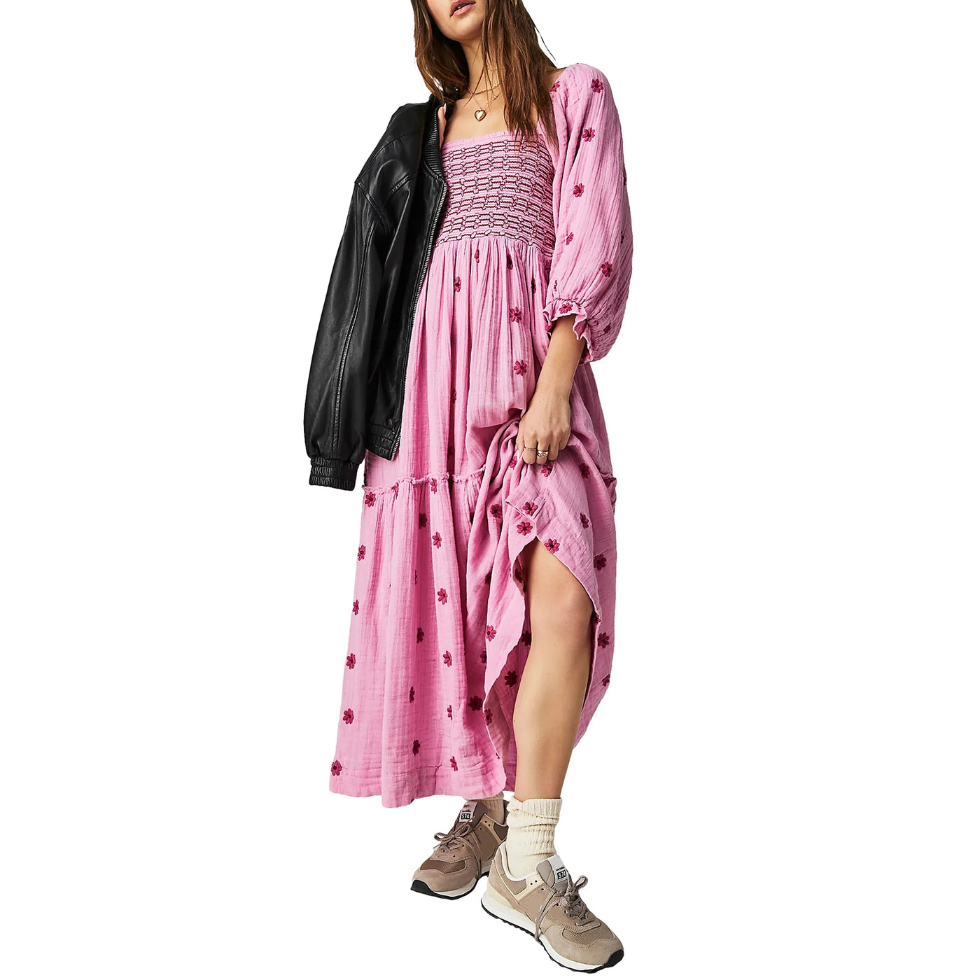 Women Summer Casual Long Dress 3D Embroidered Flowers Square Neck Puff Sleeve Dress Fashion Backless A-line Dress