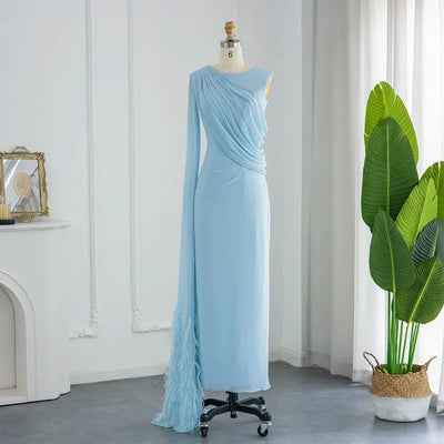 Sharon Said Elegant Light Blue Evening Dresses for Wedding with Feathers Cape Luxury Dubai Formal Party Dress SF289 Customized