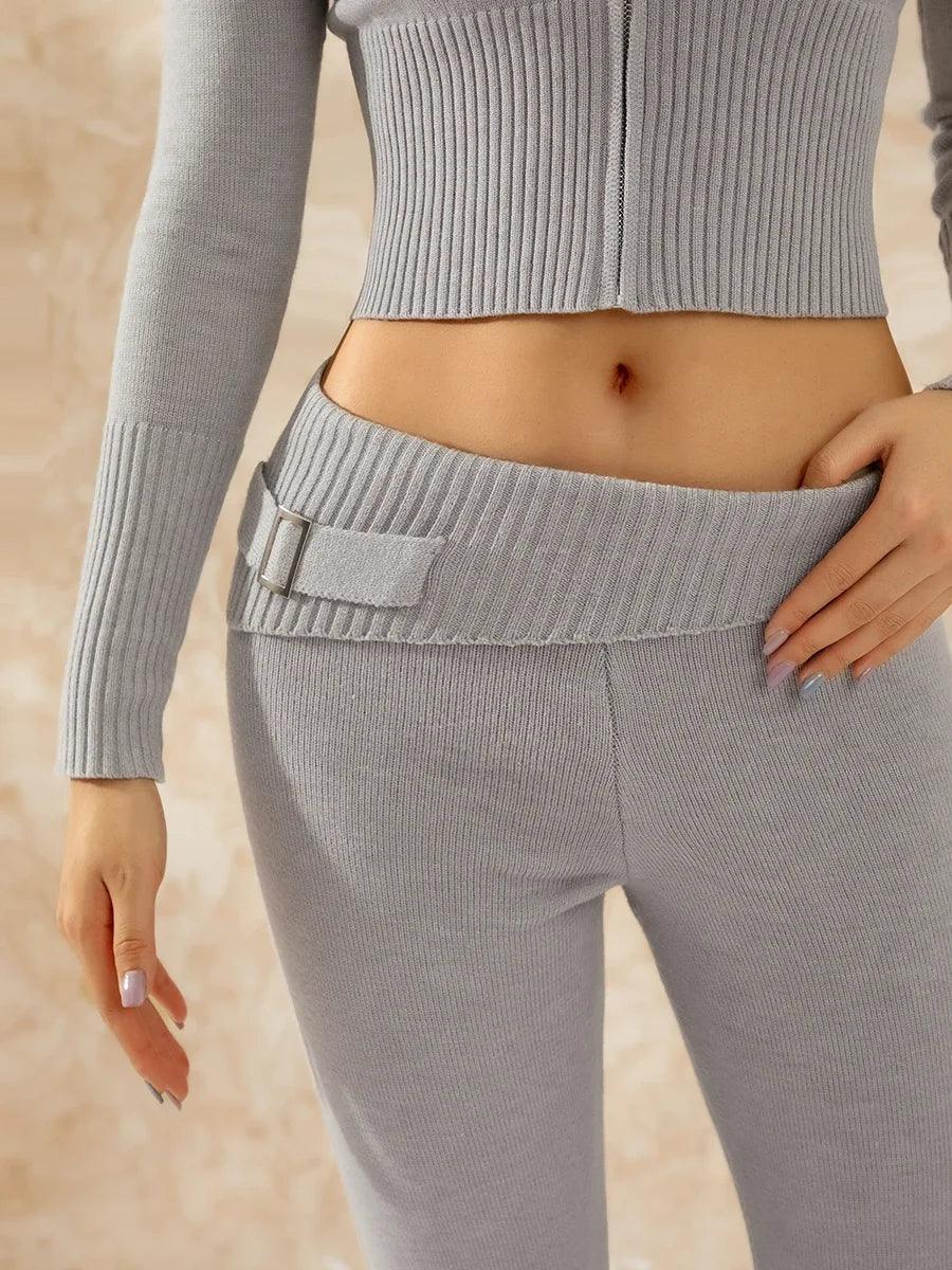 Women Tracksuit  Knit Lounge Set Long Sleeve Zip Up Hoodie with High Waist Wide Leg Pant 2 Piece Sweater Ensemble Casual Set