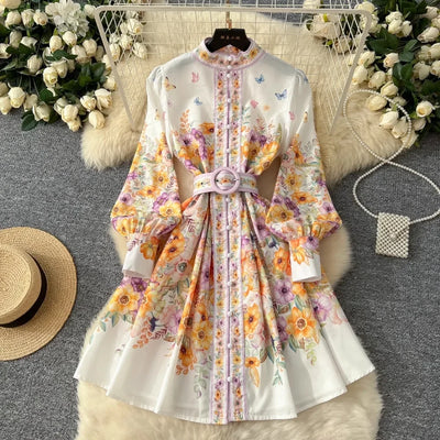 TWOTWINSTYLE Floral Printted Chic Dress For Women O Neck Long Sleeve Patchwork Sashes Temperament Dress Female Fashion KDR523818