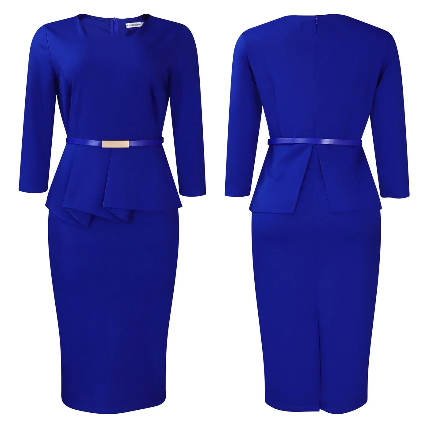 Dress Office Wear for Women Professional Skew Collar Three Quarter Sleeve Belt Waisted Sheath Package Hips Mid Calf Formal Dress