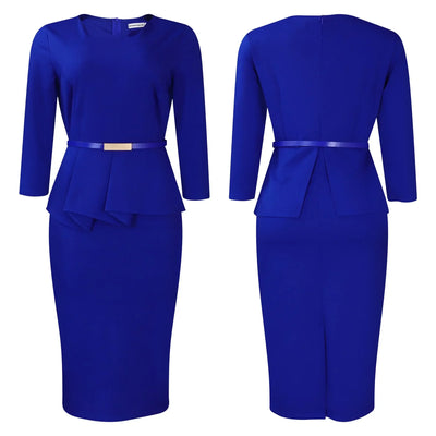 Dress Office Wear for Women Professional Skew Collar Three Quarter Sleeve Belt Waisted Sheath Package Hips Mid Calf Formal Dress