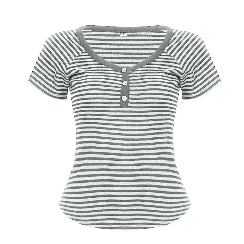 Korean Style Stripe Patchwork Women T-Shirts Short Sleeves Slim Fit Simple Causal Office Lady Clothing