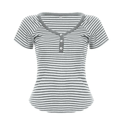 Korean Style Stripe Patchwork Women T-Shirts Short Sleeves Slim Fit Simple Causal Office Lady Clothing