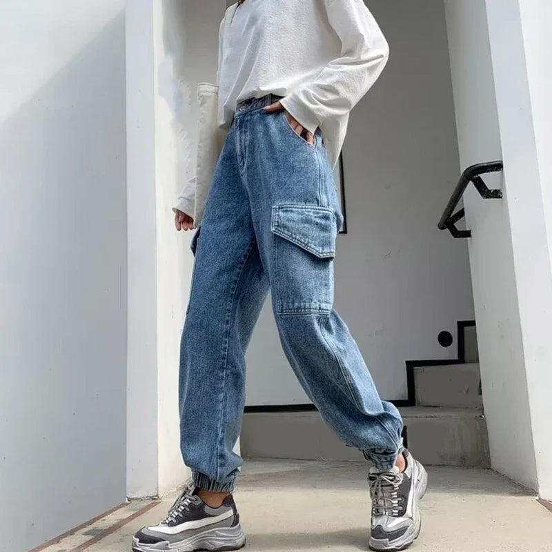 Women Jeans Jogger Pant Elastic Waist Solid Denims Trousers with Flap Pocekts