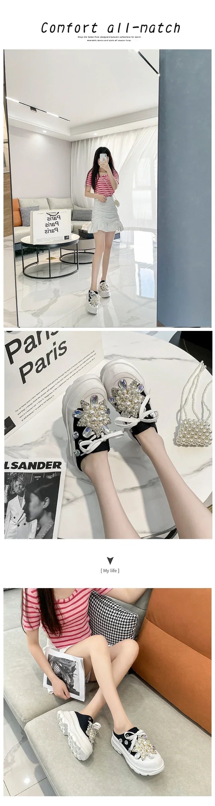 Spring New Women Sneakers Slipper Designer Platform Mules Flat Sandal Sweet Casual Lace Up Pearl Crystal Shallow Ladies Shoes