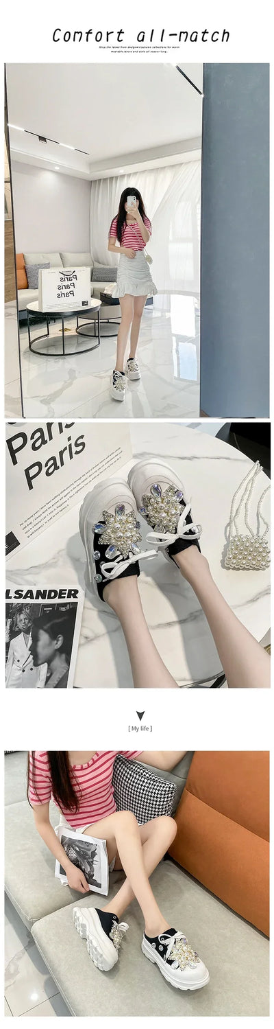 Spring New Women Sneakers Slipper Designer Platform Mules Flat Sandal Sweet Casual Lace Up Pearl Crystal Shallow Ladies Shoes