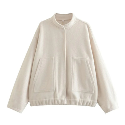 Woman's Oversized Bomber Jacket Autumn New Round Neck Long Sleeve Pocket Hidden Button Loose Jackets Coat Female Outerwear