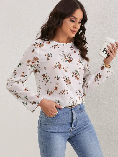Ladies Floral Print O Neck Casual Long Sleeve Blouse Women Tops Shirts