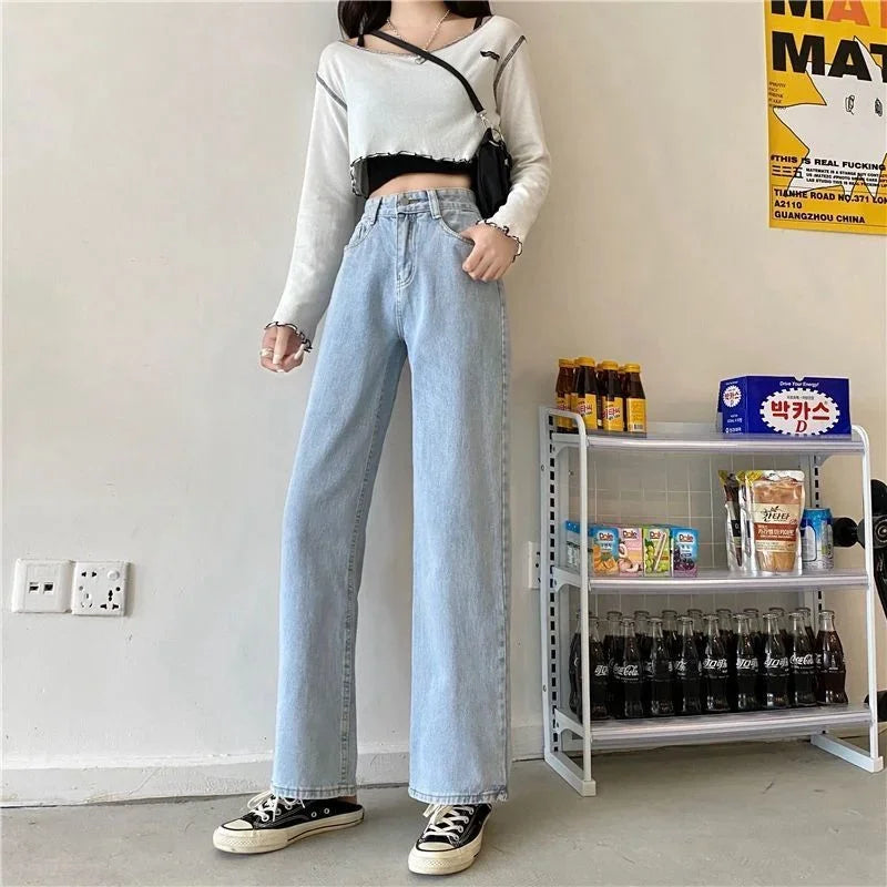 Loose Straight Cylinder Women Jeans High Waist Slimming Long Pants Trendy Cotton Fabric Comfortable Casual Style