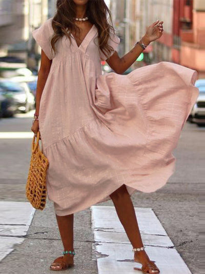 Bohemian Summer Dress for Women V Neck Vestidos Ladies Streetwear Solid Ruffle Dresses Asymmetrical Loose Robe Women Clothing