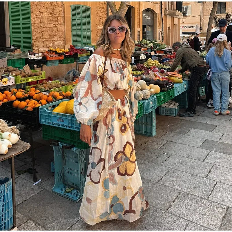 Women Elegant Printed Cotton Linen 2-piece Sets Fashion Long Sleeves Slim Fit Tops Long Skirt Set Lady Summer High Street Wear