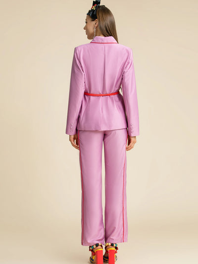 LD LINDA DELLA Fashion Designer Autumn Purple Pants Suit Women's Slim Long sleeve Belted Blazer and Pants Two Pieces Sets