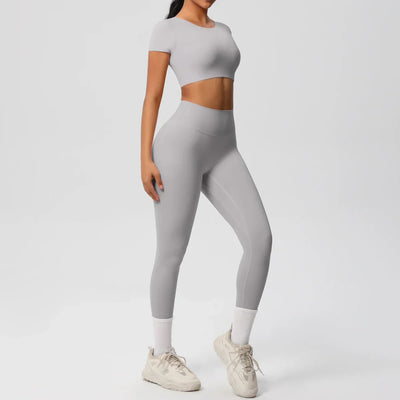 Yoga Set 2 Pieces Women Tracksuits Workout Sportswear Gym Clothing Fitness Short Sleeve With Padded High Waist Leggings Suits