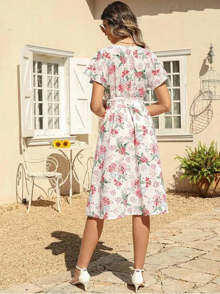 Floral Print Midi Dress Women Robe Elegant Chic