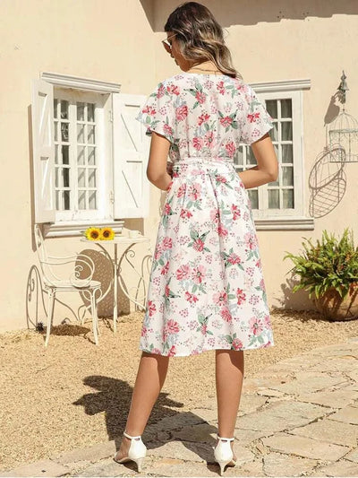 Floral Print Midi Dress Women Robe Elegant Chic