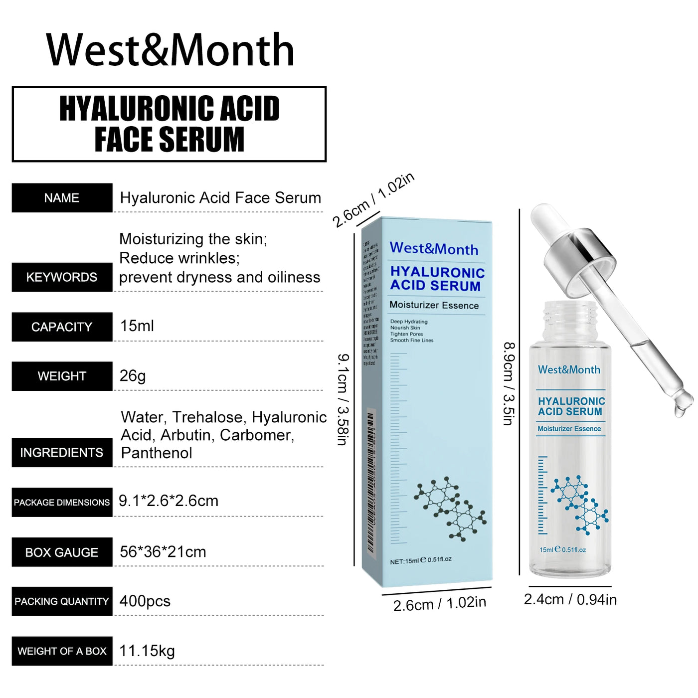 Hyaluronic Acid Facial Serum Fade Fine Line Wrinkle Shrink Pores Tightening Nourishing Deep Moisturizing Facial Skin Essence