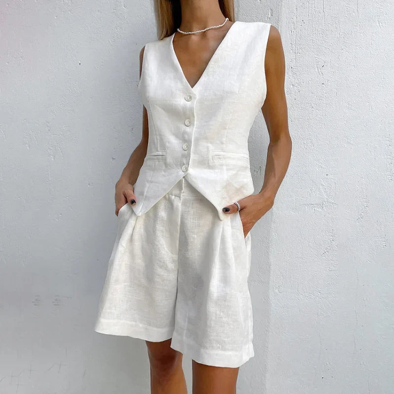 New Cotton Linen Vest Short Sets Casual Sleeveless Undershirt Shorts Sets for Women 2 Pieces Outfit Office Lady White Pant Sets