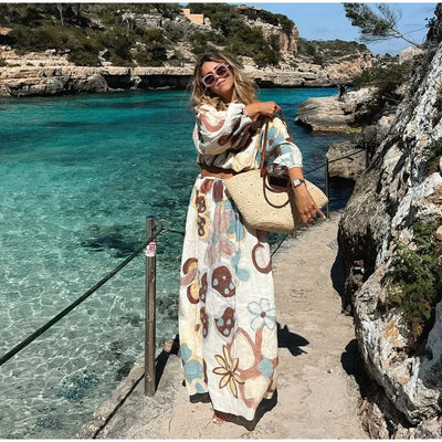 Women Elegant Printed Cotton Linen 2-piece Sets Fashion Long Sleeves Slim Fit Tops Long Skirt Set Lady Summer High Street Wear